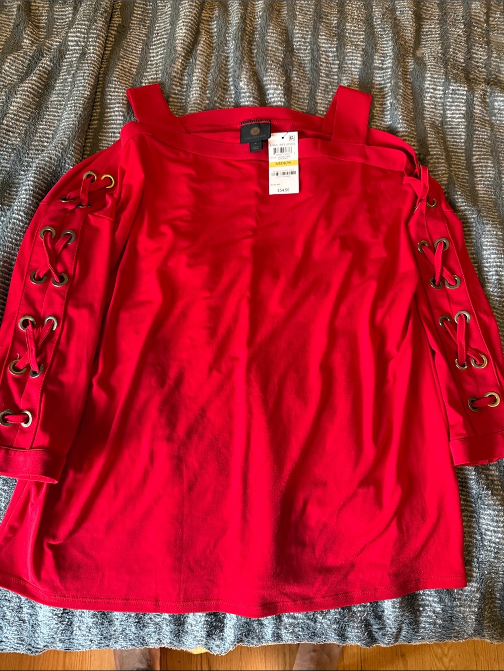 JM Collection Red Cold-Shoulder Lace-Up Long Sleeve Top